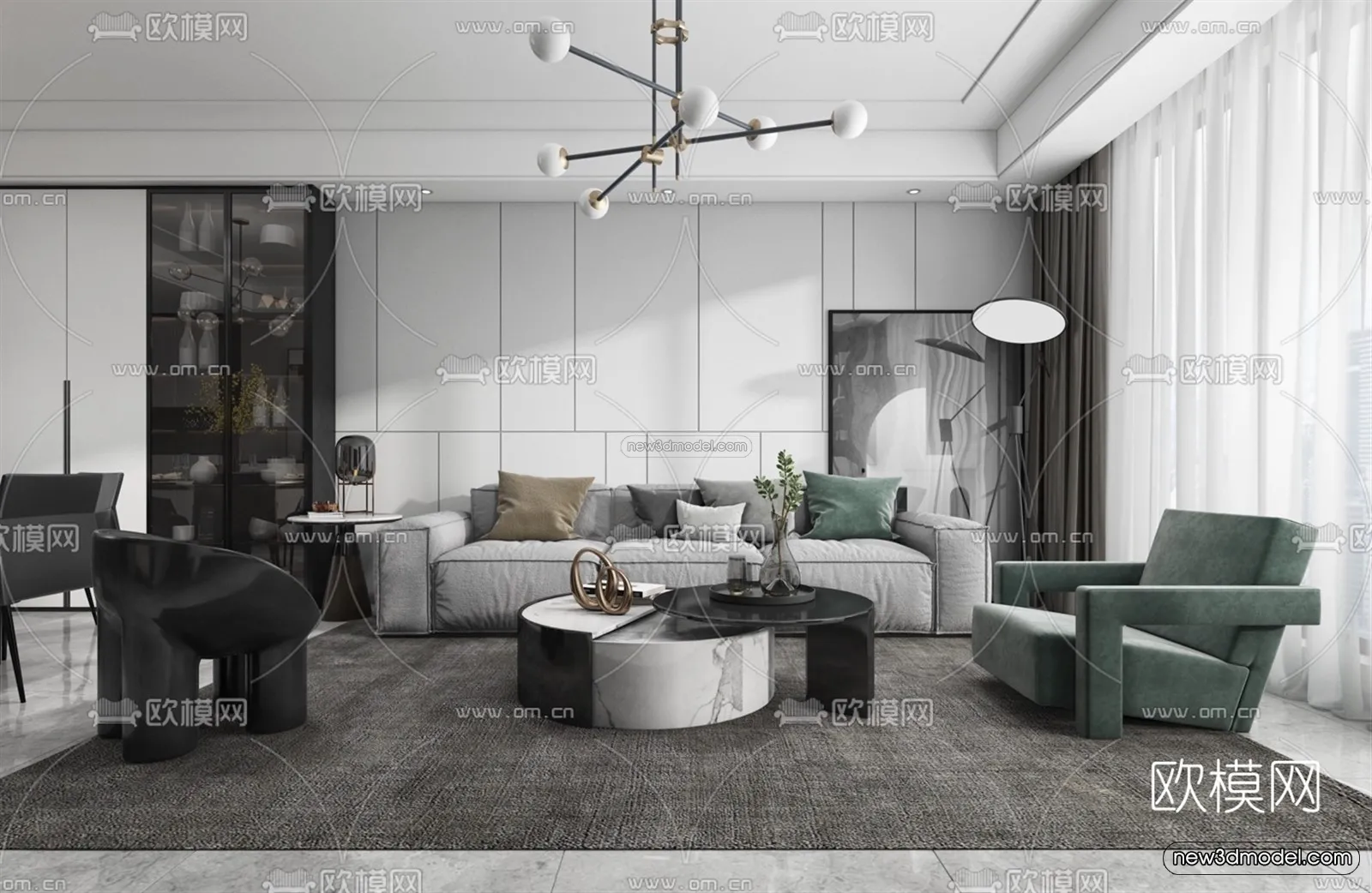 Black – White – Gray Colors Interior 3D Blocks – Living Room 3D Scene – 088 – VRAY