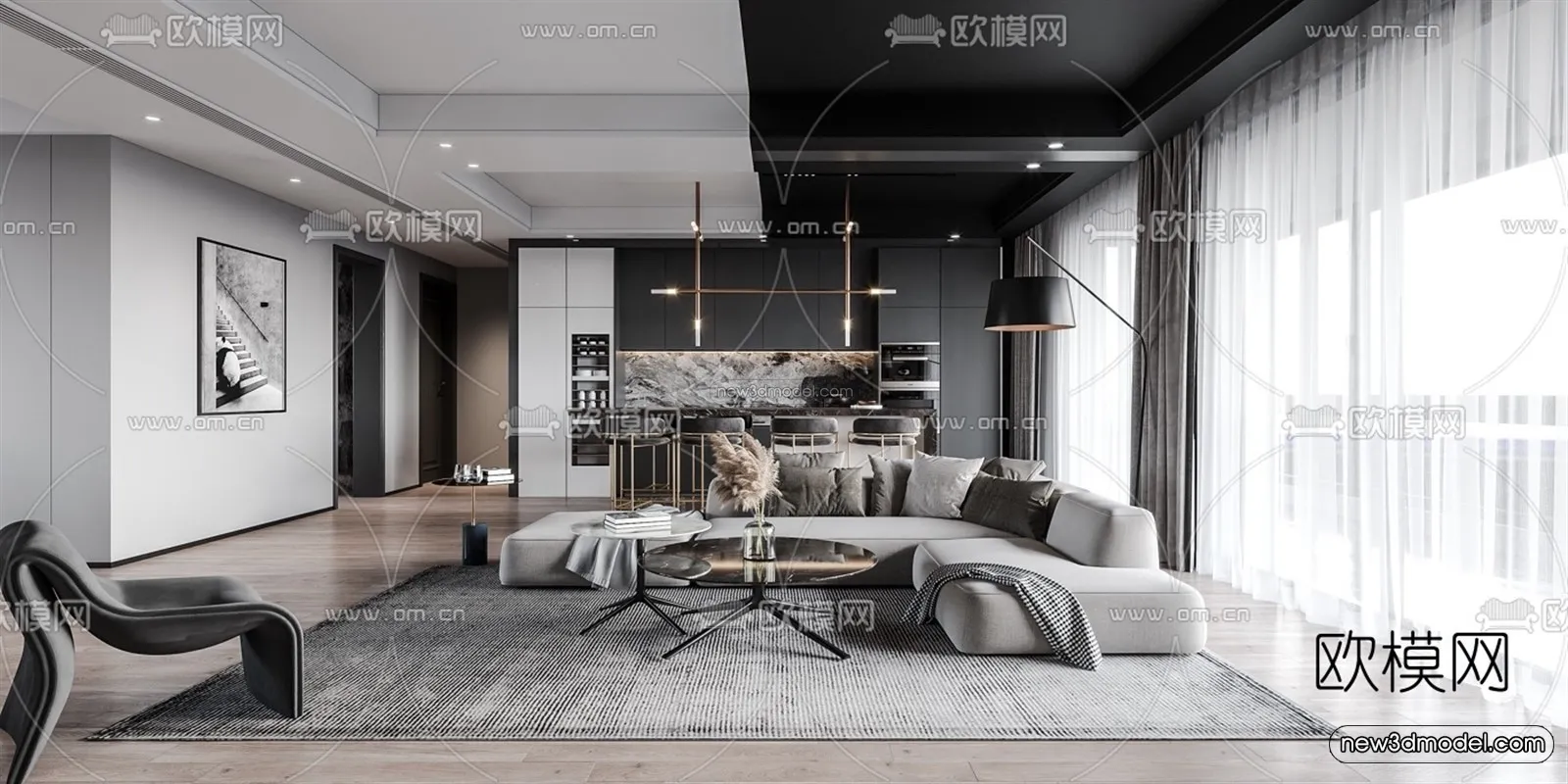 Black – White – Gray Colors Interior 3D Blocks – Living Room 3D Scene – 089 – VRAY