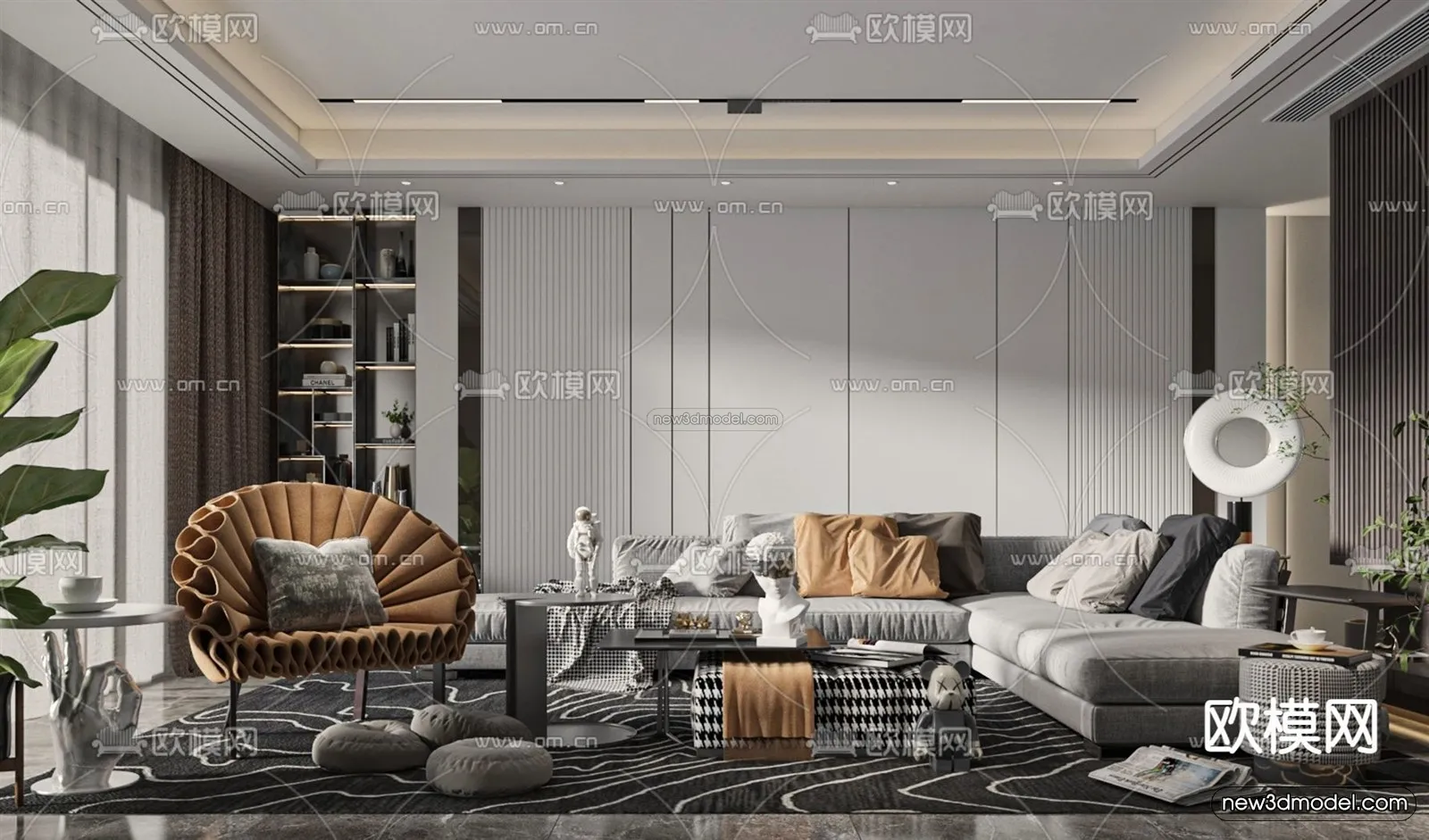Black – White – Gray Colors Interior 3D Blocks – Living Room 3D Scene – 090 – VRAY