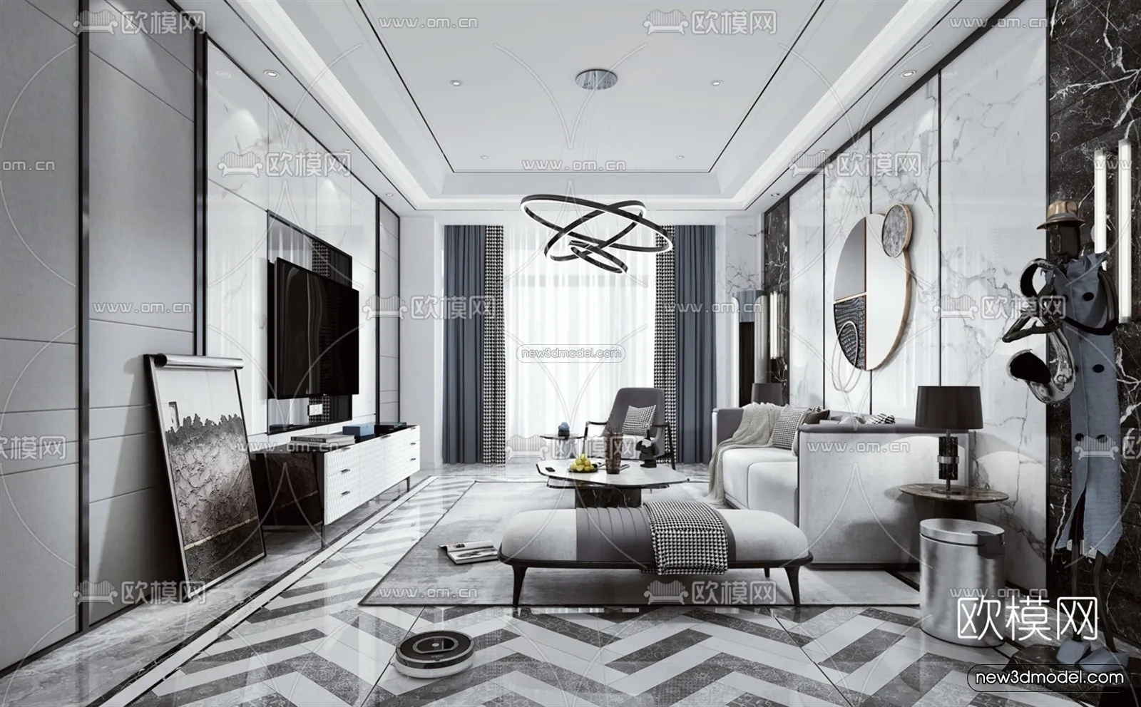 Black – White – Gray Colors Interior 3D Blocks – Living Room 3D Scene – 091 – VRAY
