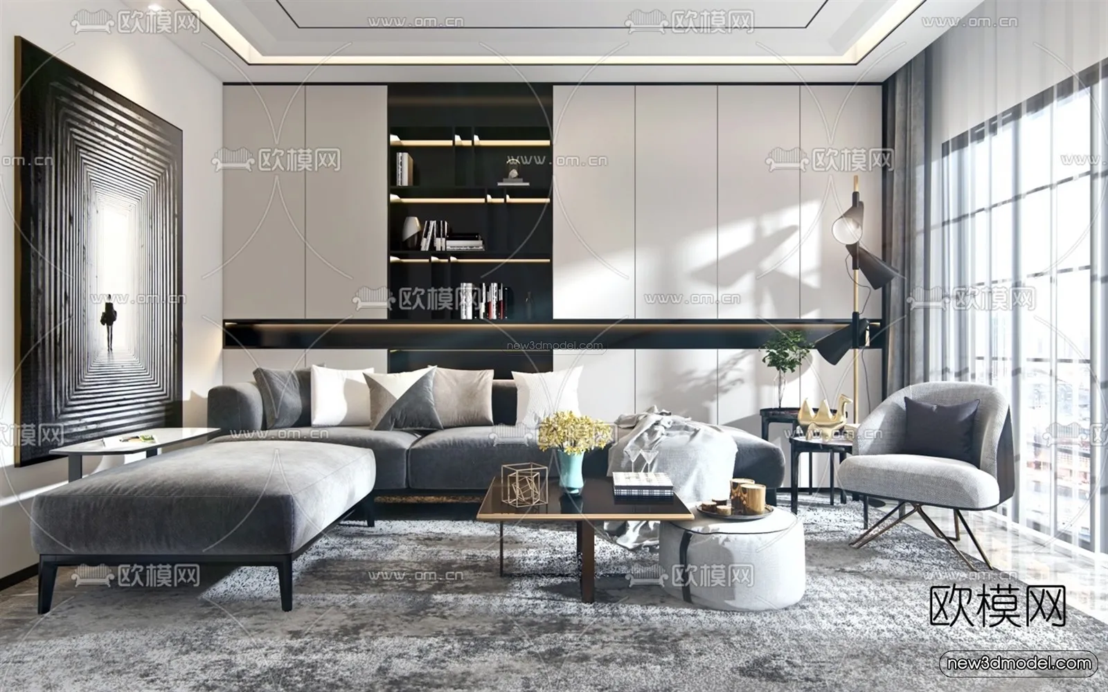 Black – White – Gray Colors Interior 3D Blocks – Living Room 3D Scene – 092 – VRAY
