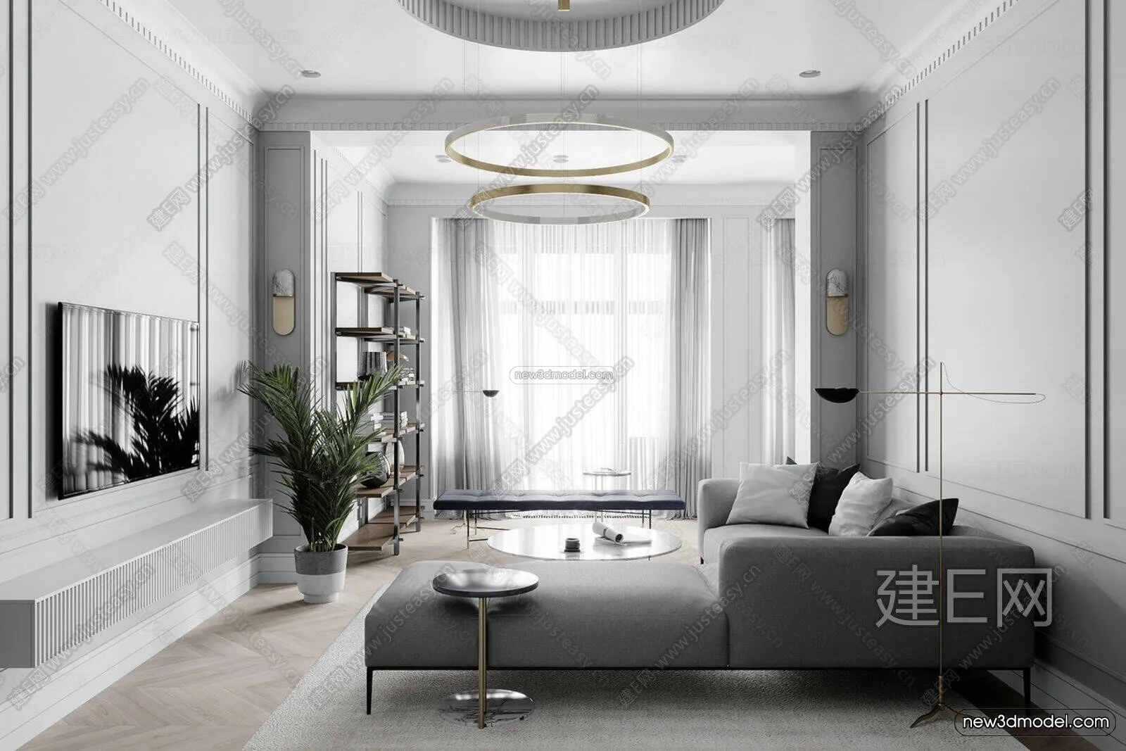 Black – White – Gray Colors Interior 3D Blocks – Living Room 3D Scene – 094 – VRAY
