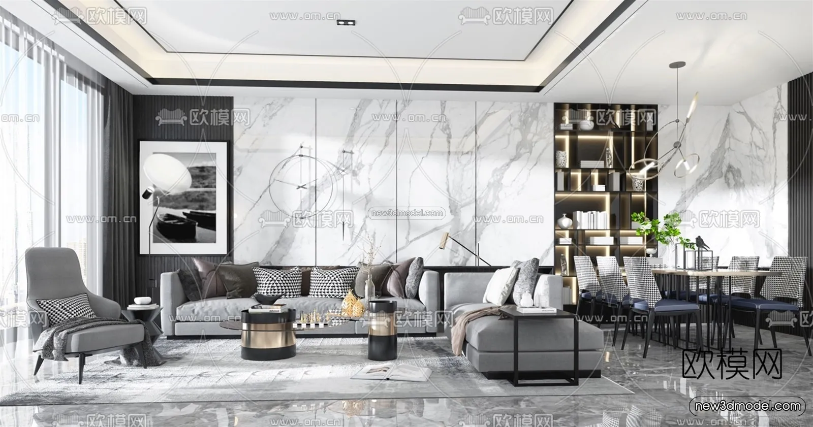Black – White – Gray Colors Interior 3D Blocks – Living Room 3D Scene – 095 – VRAY