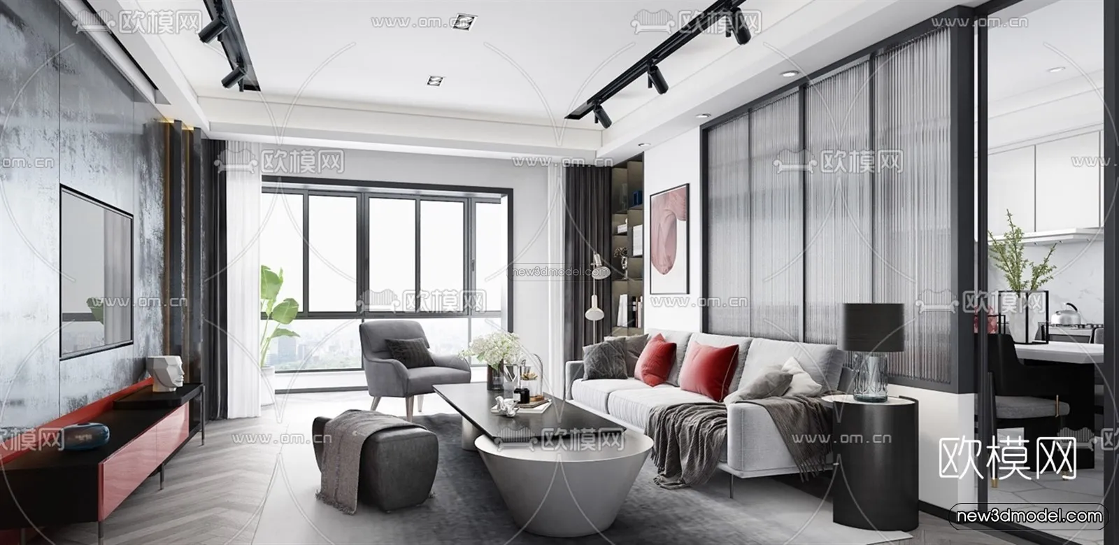Black – White – Gray Colors Interior 3D Blocks – Living Room 3D Scene – 096 – VRAY