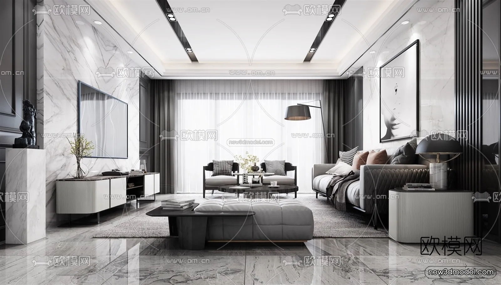 Black – White – Gray Colors Interior 3D Blocks – Living Room 3D Scene – 097 – VRAY