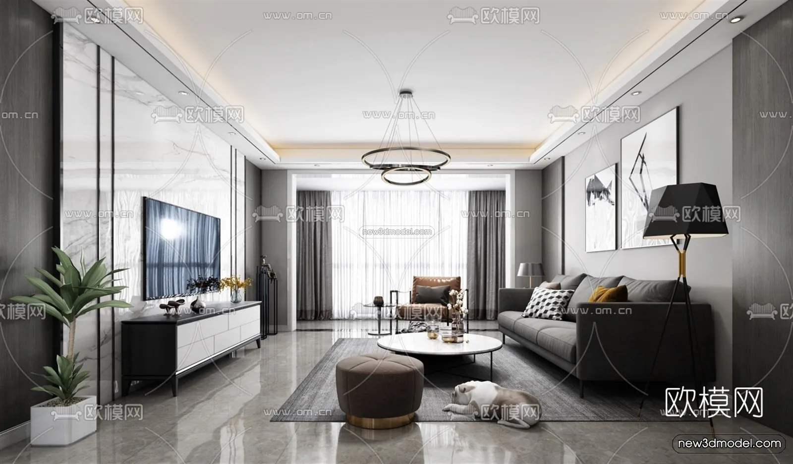 Black – White – Gray Colors Interior 3D Blocks – Living Room 3D Scene – 098 – VRAY