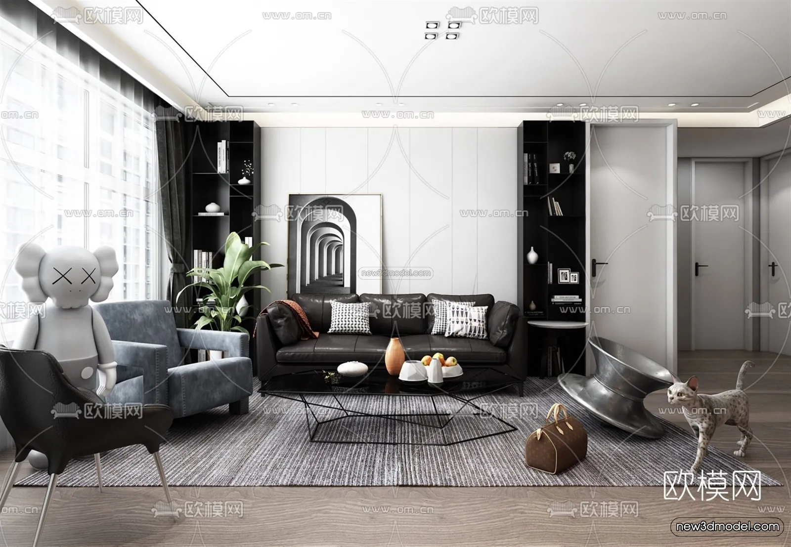 Black – White – Gray Colors Interior 3D Blocks – Living Room 3D Scene – 099 – VRAY