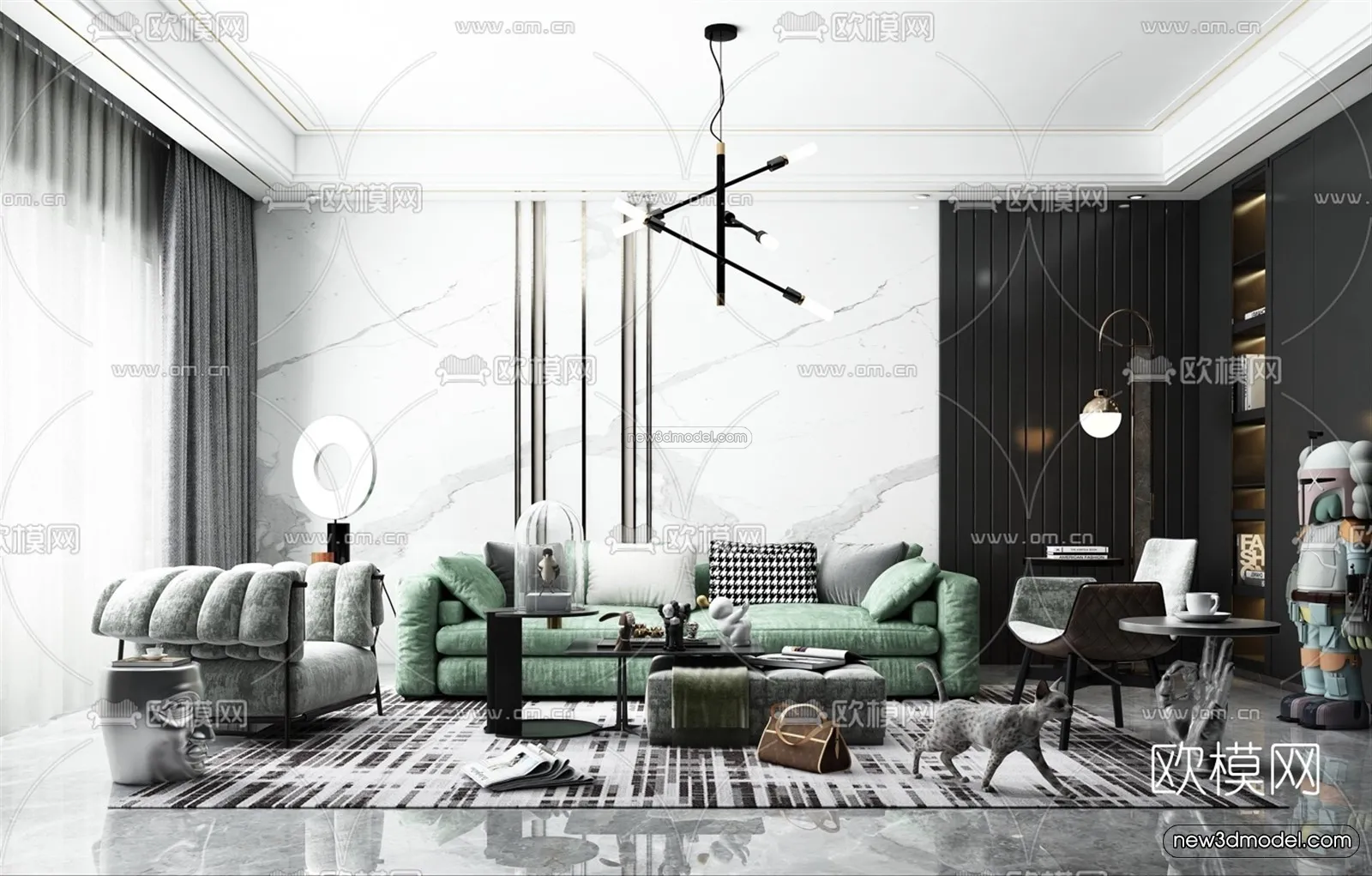 Black – White – Gray Colors Interior 3D Blocks – Living Room 3D Scene – 101 – VRAY