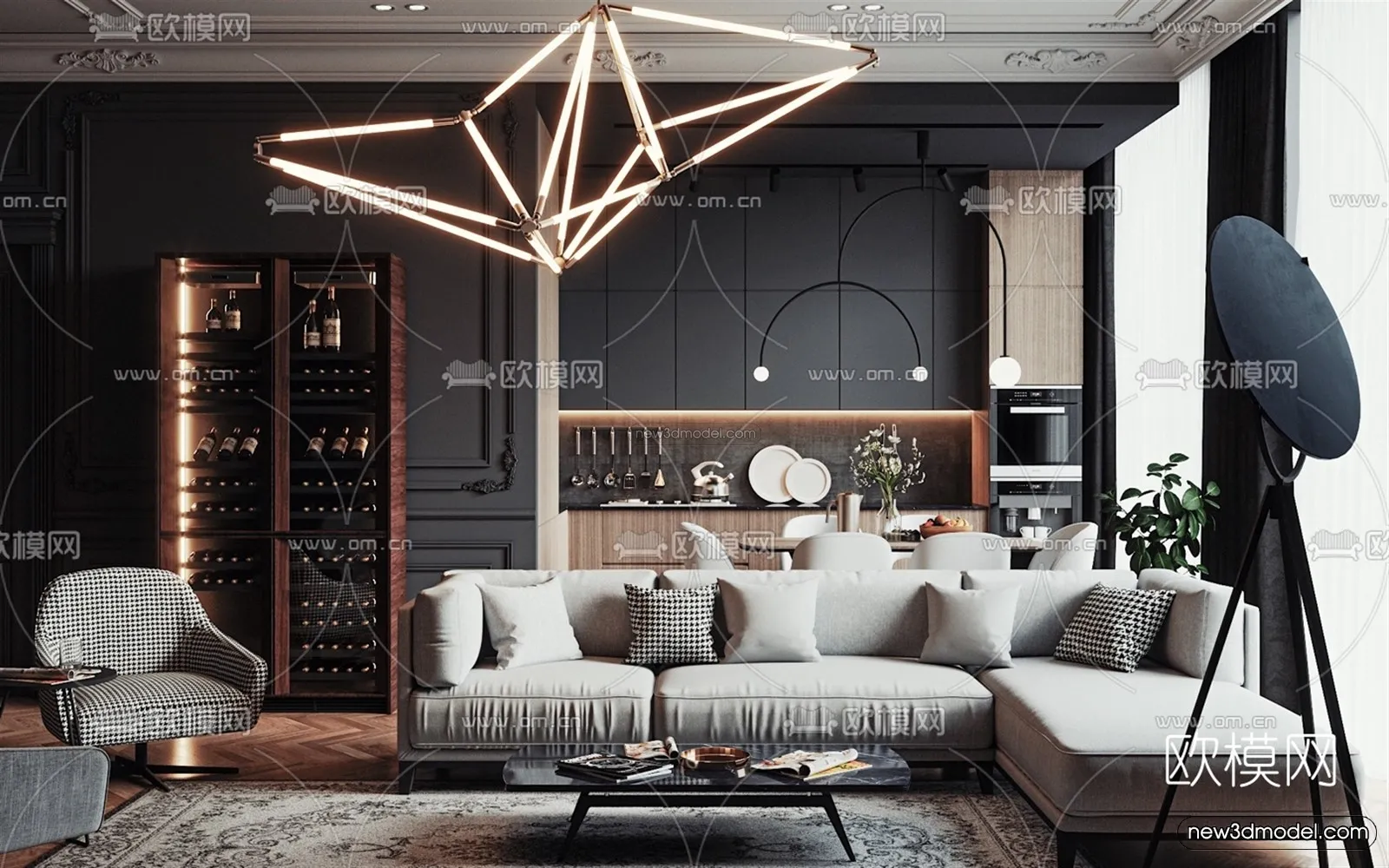 Black – White – Gray Colors Interior 3D Blocks – Living Room 3D Scene – 103 – VRAY