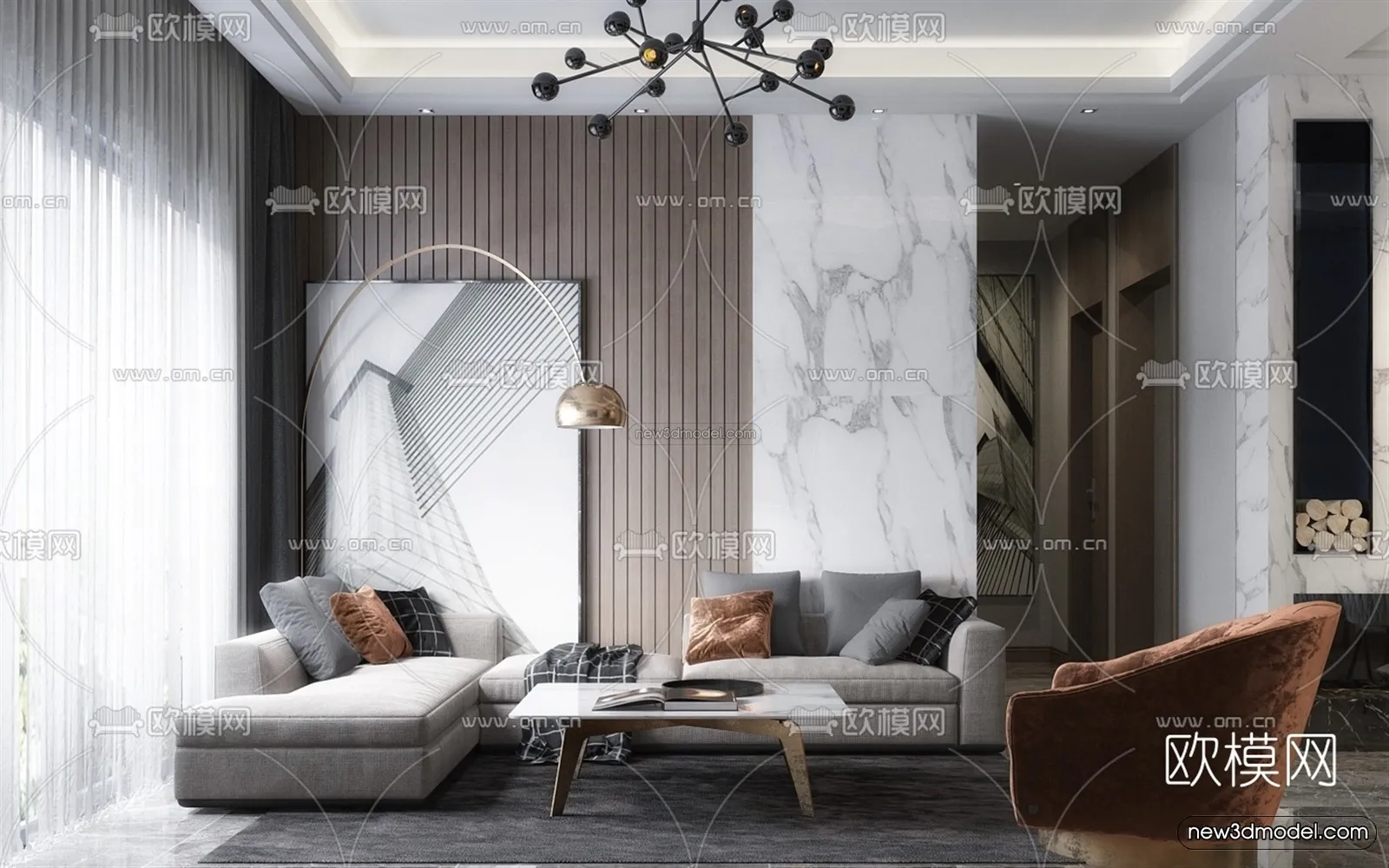 Black – White – Gray Colors Interior 3D Blocks – Living Room 3D Scene – 107 – VRAY