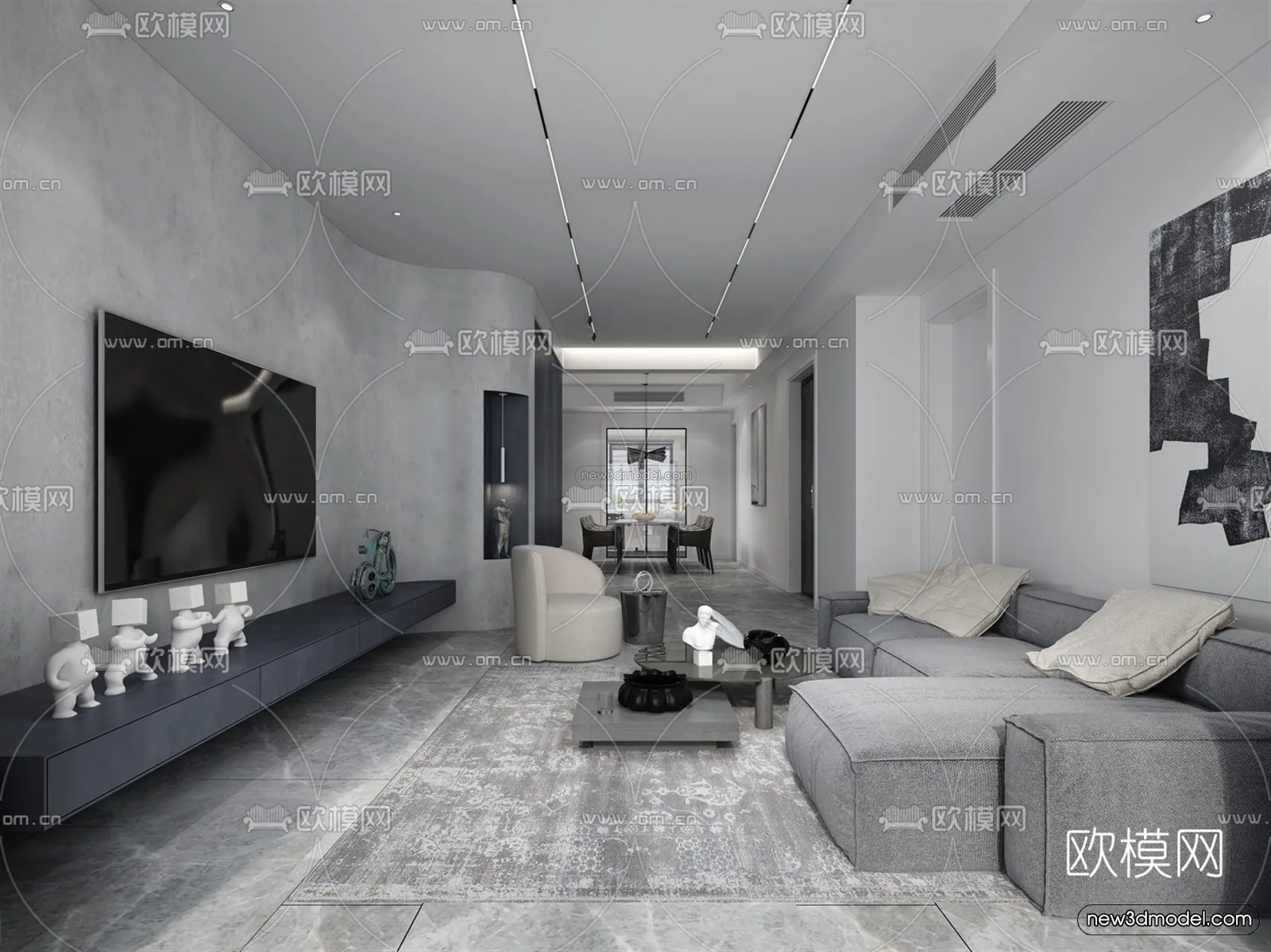 Black – White – Gray Colors Interior 3D Blocks – Living Room 3D Scene – 108 – VRAY