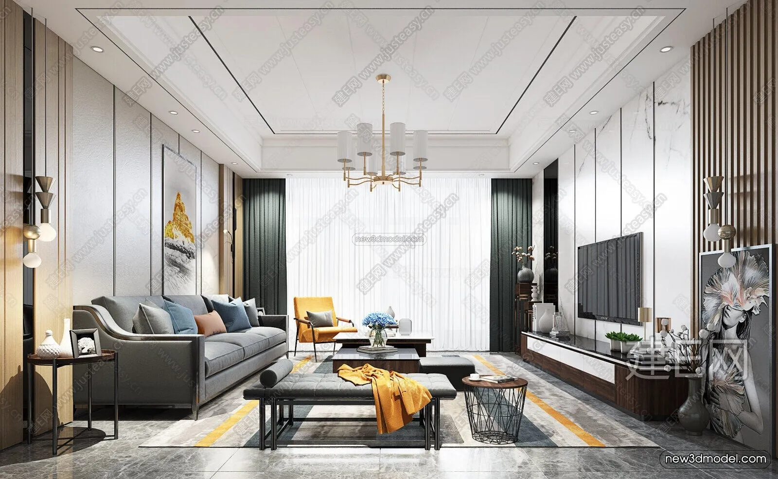 Black – White – Gray Colors Interior 3D Blocks – Living Room 3D Scene – 109 – VRAY