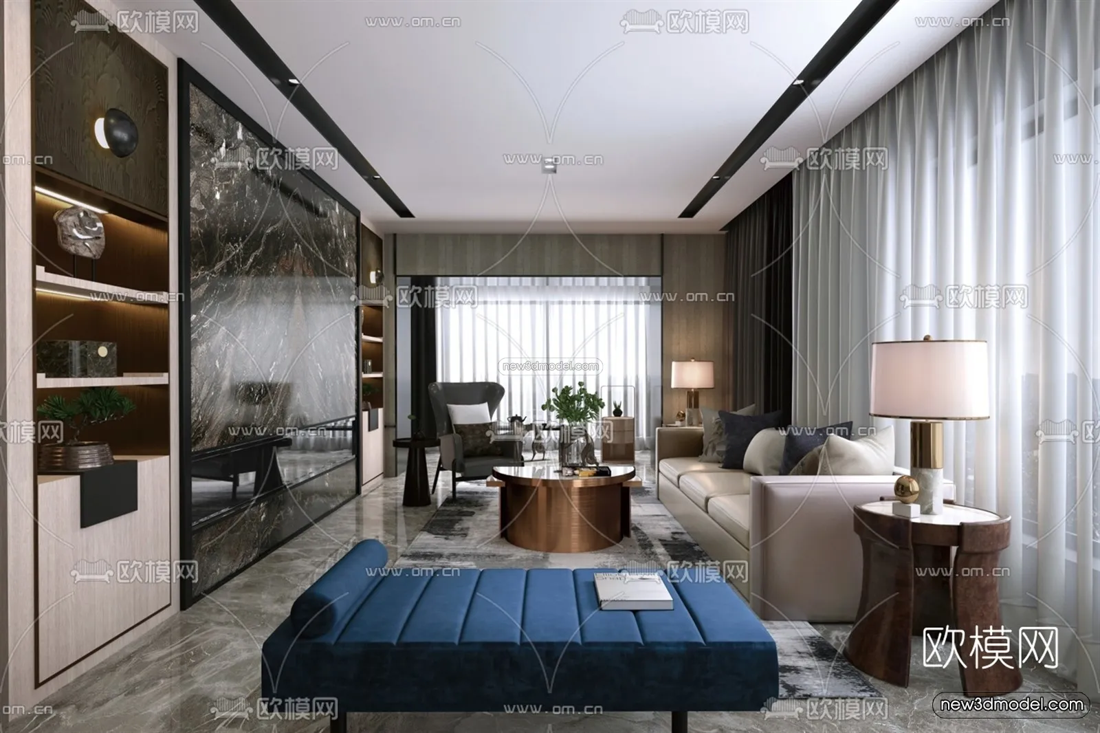 Black – White – Gray Colors Interior 3D Blocks – Living Room 3D Scene – 113 – VRAY
