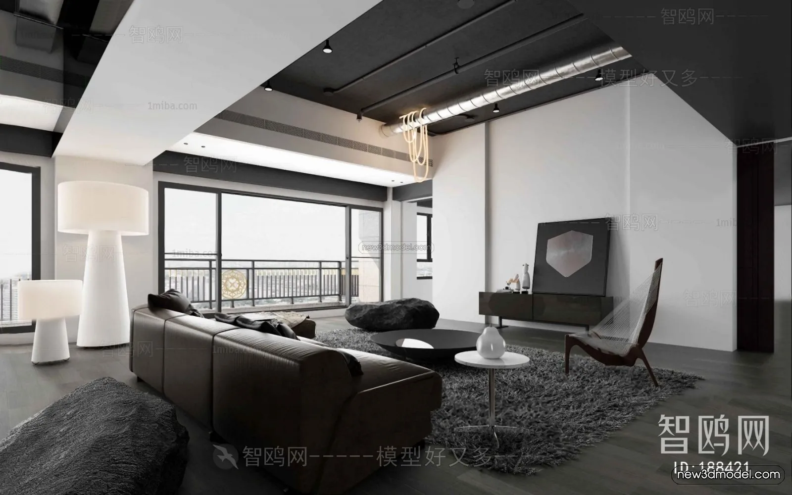 Black – White – Gray Colors Interior 3D Blocks – Living Room 3D Scene – 114 – VRAY