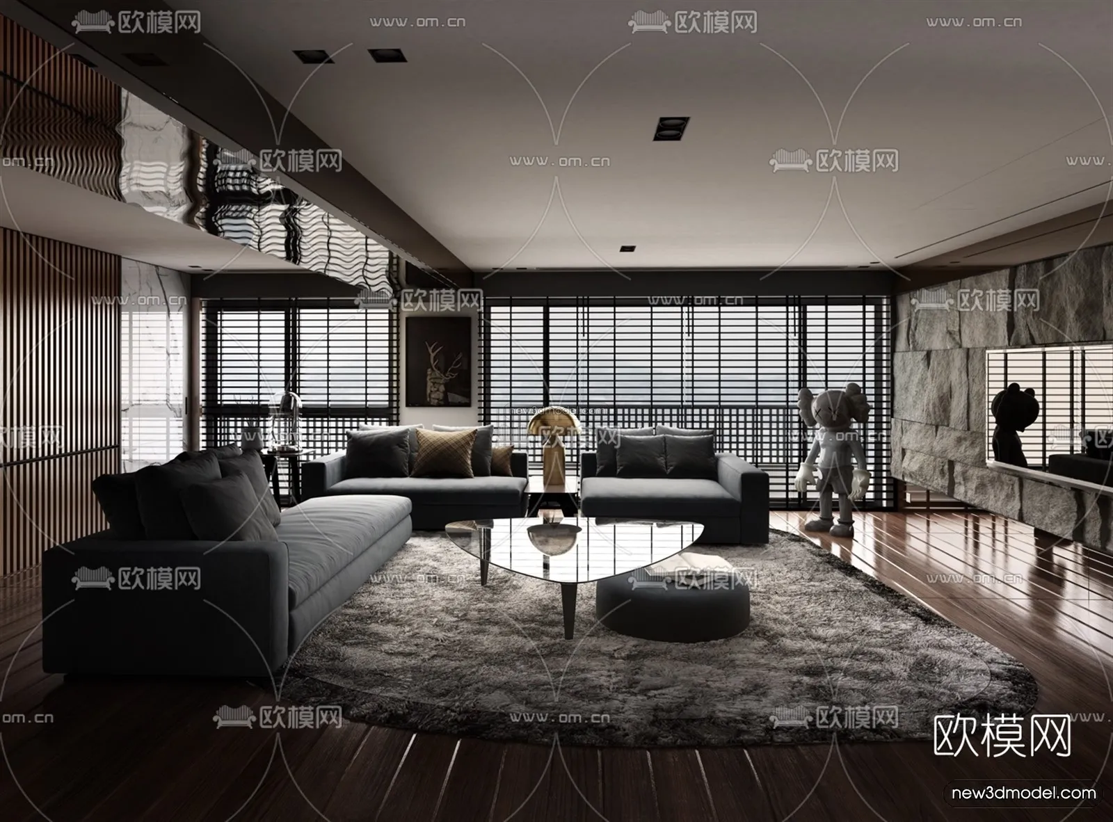 Black – White – Gray Colors Interior 3D Blocks – Living Room 3D Scene – 115 – VRAY