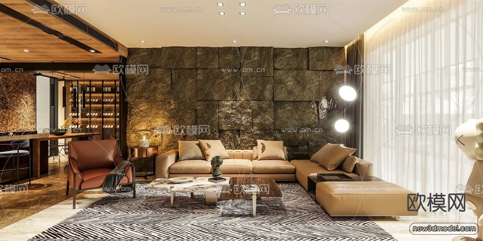 Black – White – Gray Colors Interior 3D Blocks – Living Room 3D Scene – 118 – VRAY