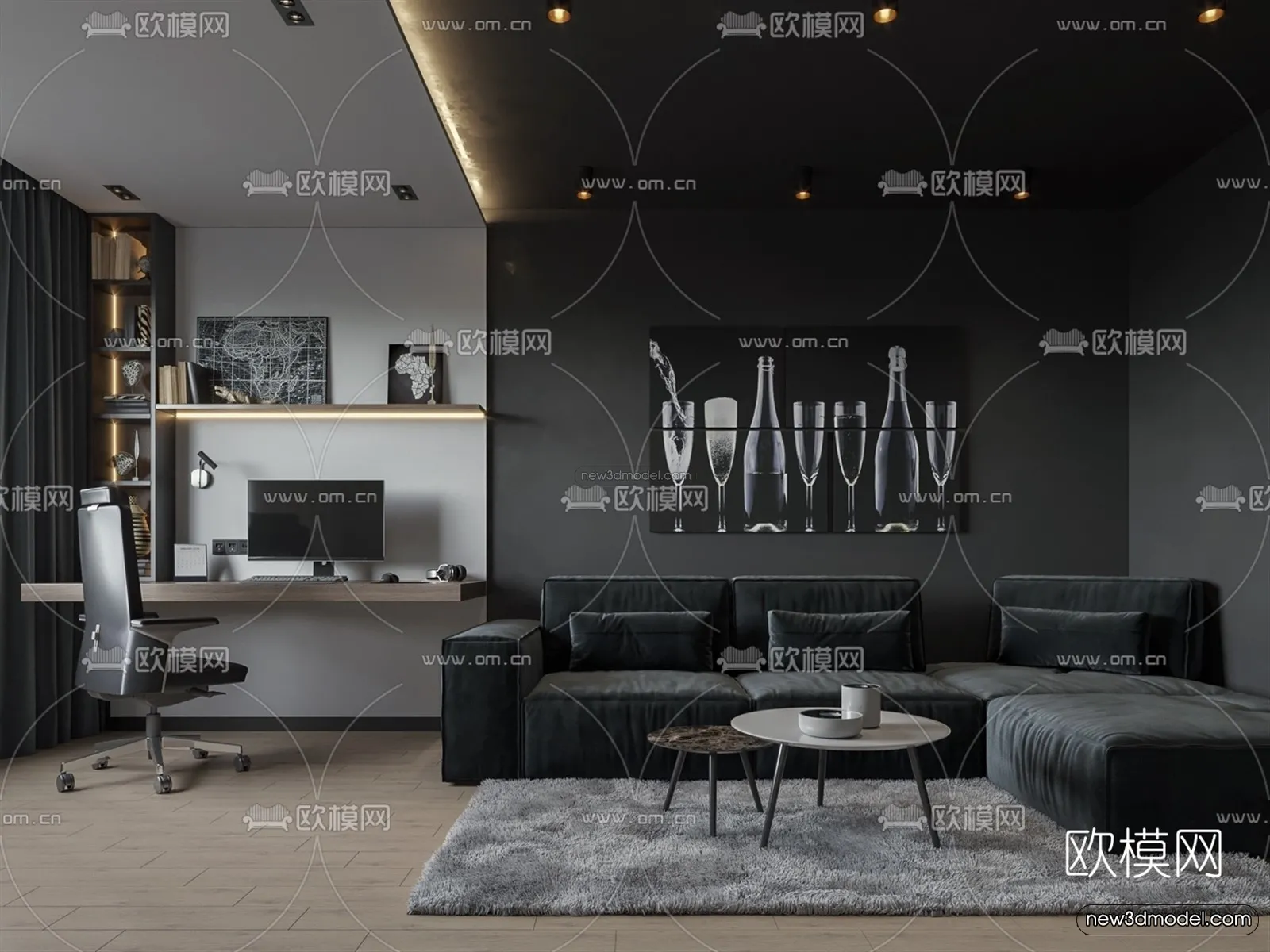 Black – White – Gray Colors Interior 3D Blocks – Living Room 3D Scene – 124 – CORONA