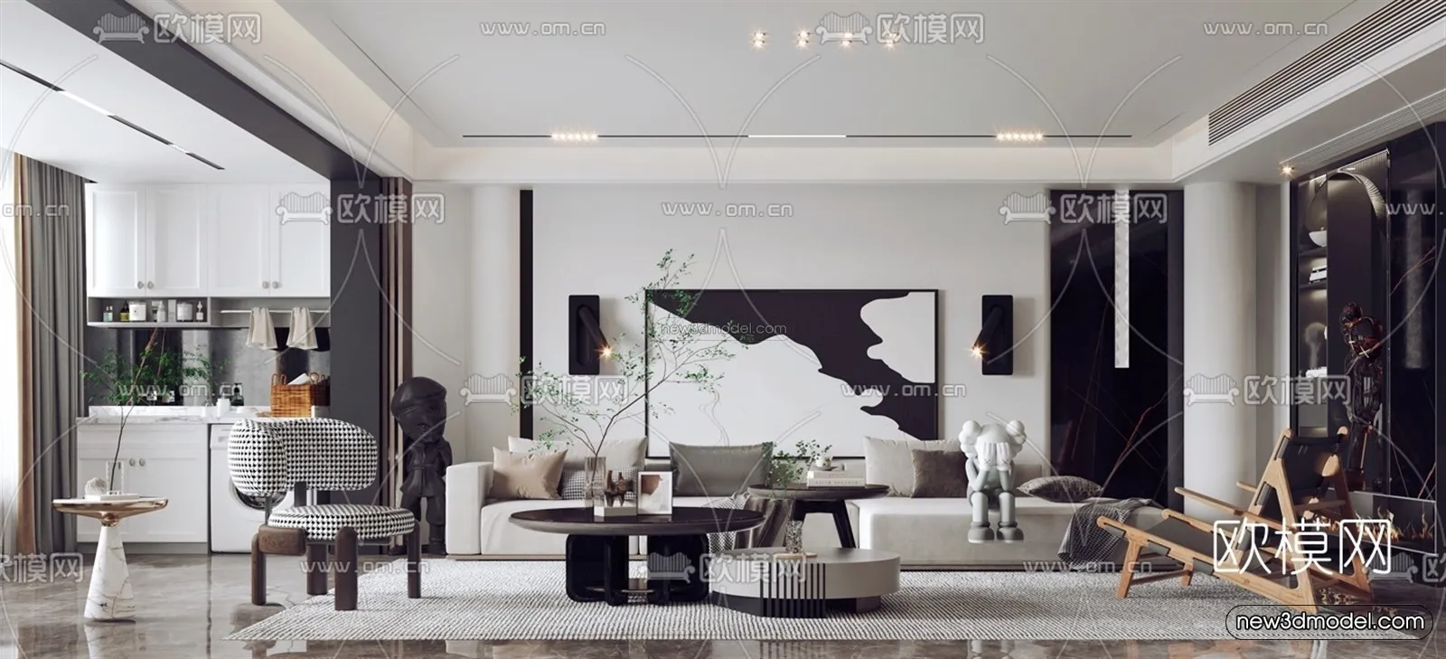 Black – White – Gray Colors Interior 3D Blocks – Living Room 3D Scene – 125 – VRAY