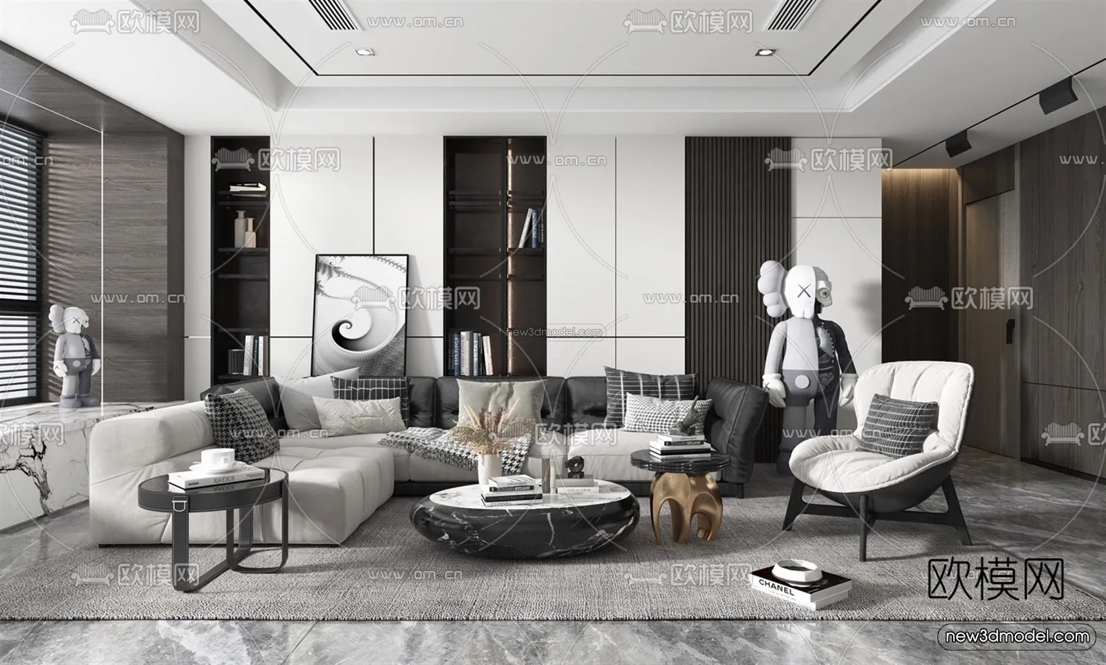 Black – White – Gray Colors Interior 3D Blocks – Living Room 3D Scene – 130 – VRAY