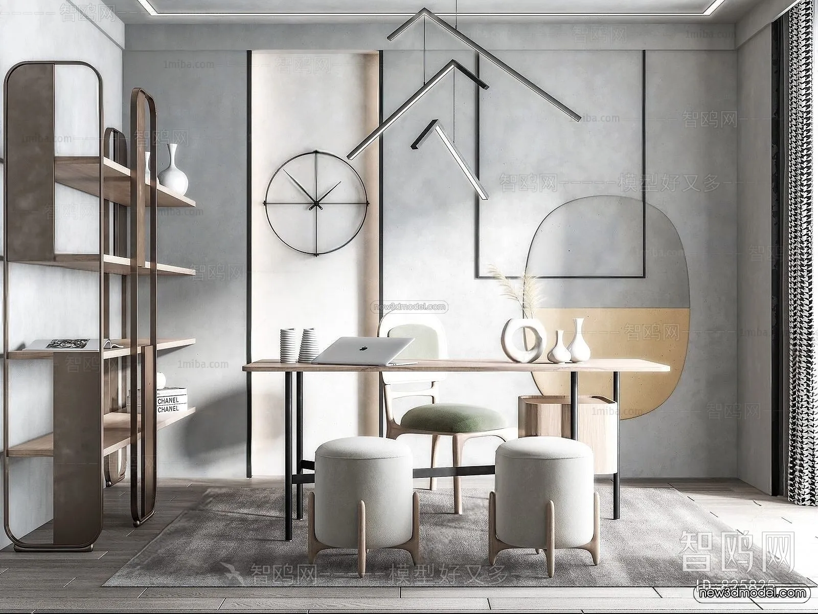 Black – White – Gray Colors Interior 3D Blocks – Study Room 3D Scene – 231 – VRAY