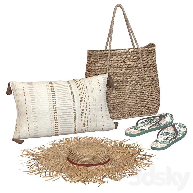 Boho style beach accessory set with hat and slippers 3DS Max Model