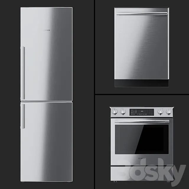 Bosch – HEI8056U cooker B11CB50SSS refrigerator and SHX3AR75UC dishwasher. 3DS Max Model