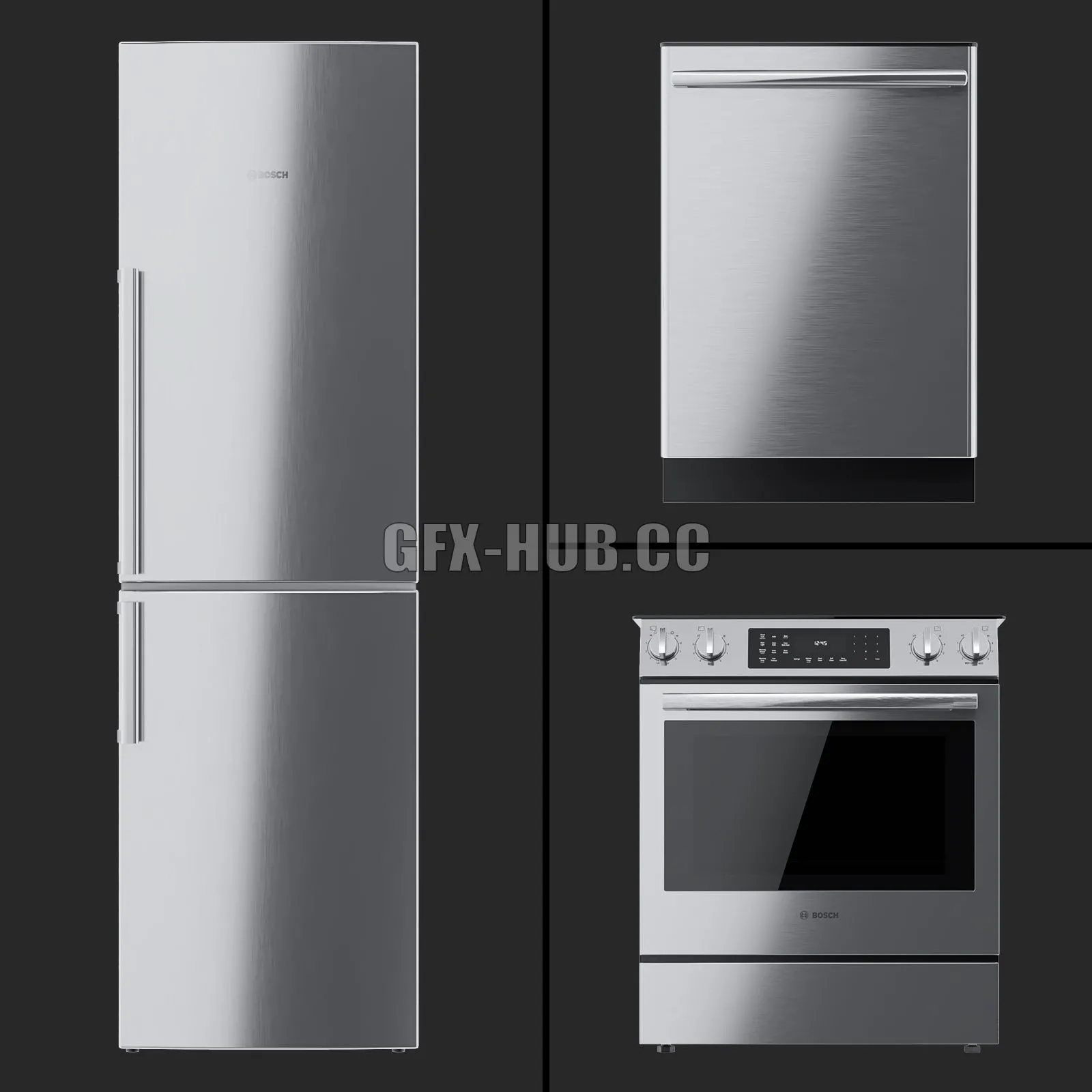 Bosch – HEI8056U cooker B11CB50SSS refrigerator and SHX3AR75UC dishwasher 3dsMax Model