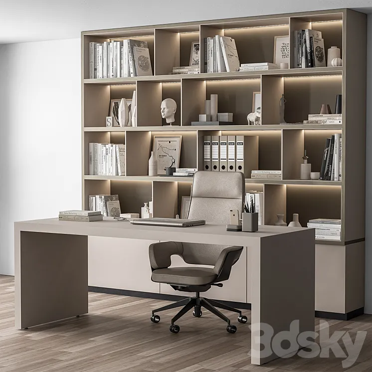 Boss Desk and Library Beige – Office Furniture 319 3DS Max