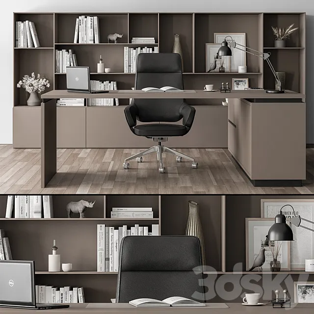 Boss Desk and Library Black and Beige – Office Furniture 315 3ds Max