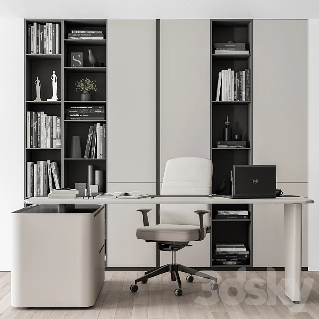 Boss Desk with Library Black and White Table – Office Furniture 285 3DS Max Model