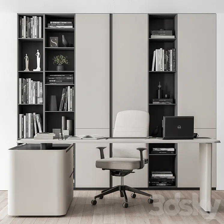 Boss Desk with Library Black and White Table – Office Furniture 285 3DS Max Model