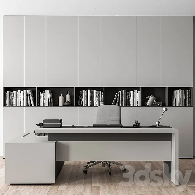 Boss Desk with Library Gray Set – Office Furniture 249 3DSMax File