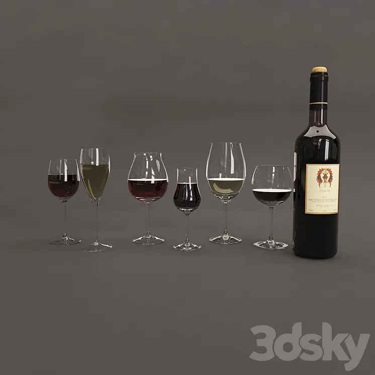 Bottle and glasses of wine 3DS Max
