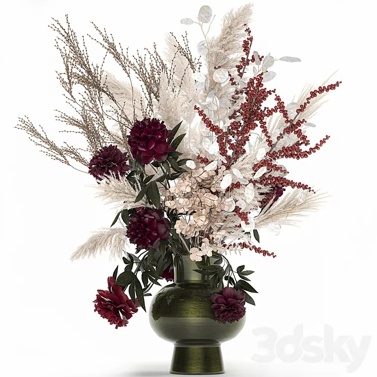 Bouquet 235. Dried flowers pampas grass moonflower branches reeds luxury vase decor white peony Ilex Holly SOLIDAGO 3DS Max Model