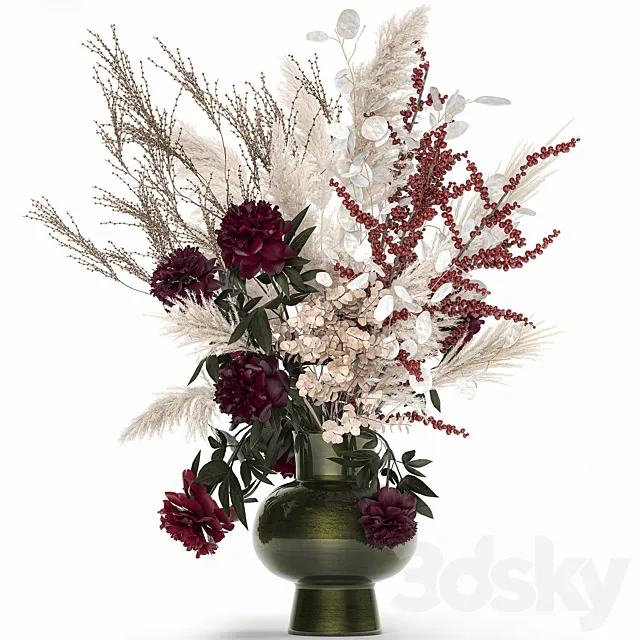 Bouquet 235. Dried flowers pampas grass moonflower branches reeds luxury vase decor white peony Ilex Holly SOLIDAGO 3dsMax Model