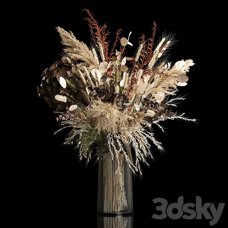 Bouquet in a glass vase made of dried flower hydrangea pampas grass reed cortaderia lunnik. 259. 3DS Max