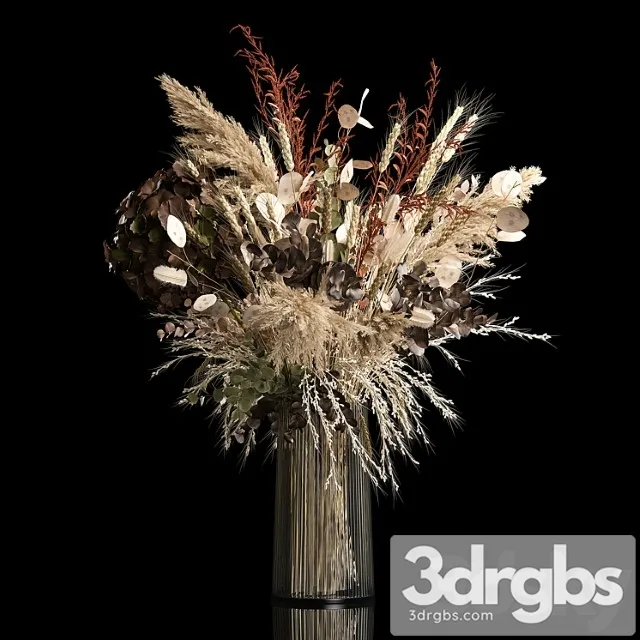 Bouquet in a glass vase made of dried flower, hydrangea, pampas grass, reed, cortaderia, moonflower, wheat, spikelet. 259.