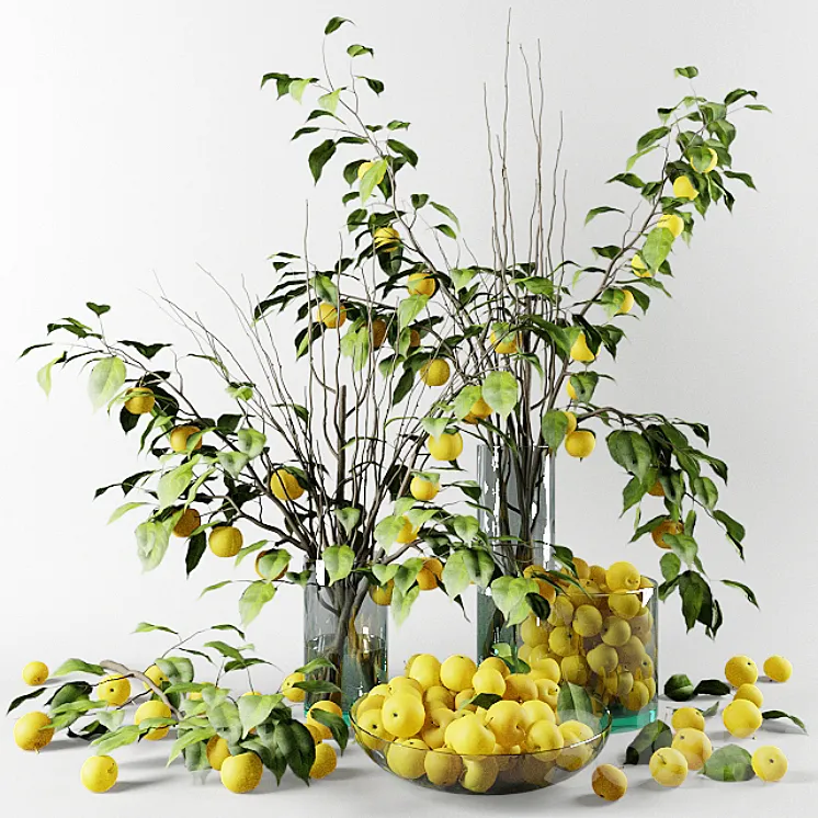 Bouquet of Chinese apple tree branches with yellow apples 3DS Max