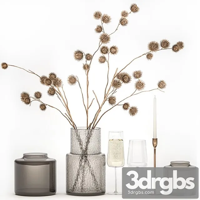 Bouquet of Dried Flowers from Burdock Thorn Branches With Vase and Glass of Sparkling Wine 253 3dsmax Download