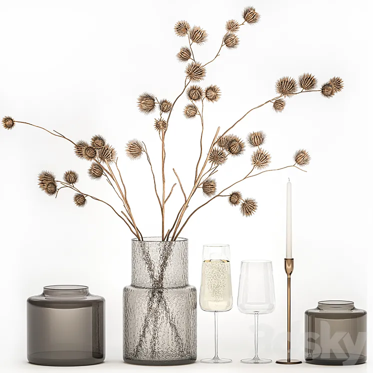 Bouquet of dried flowers from thorn branches burdock with a vase and a glass of sparkling wine. 253 3DS Max