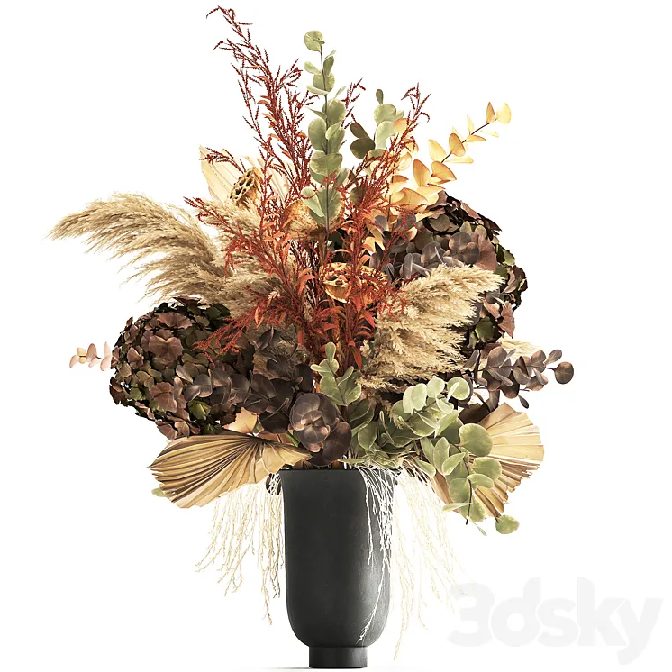Bouquet of dried flowers in a black vase with dry branches of palm leaves pampas and Hydrangea. 160. 3DS Max