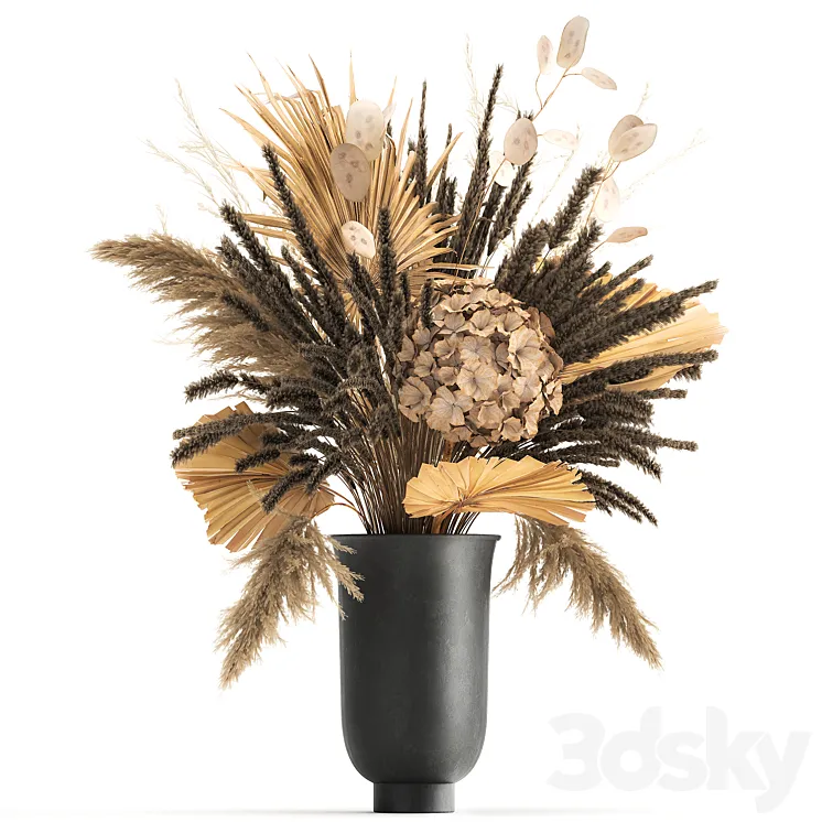 Bouquet of dried flowers in a black vase with dry branches of palm leaves pampas and Hydrangea. 168. 3DS Max Model