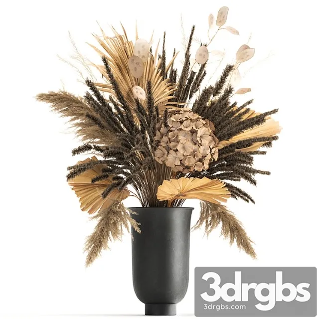 Bouquet of dried flowers in a black vase with dry branches of palm leaves, pampas and hydrangea. 168.