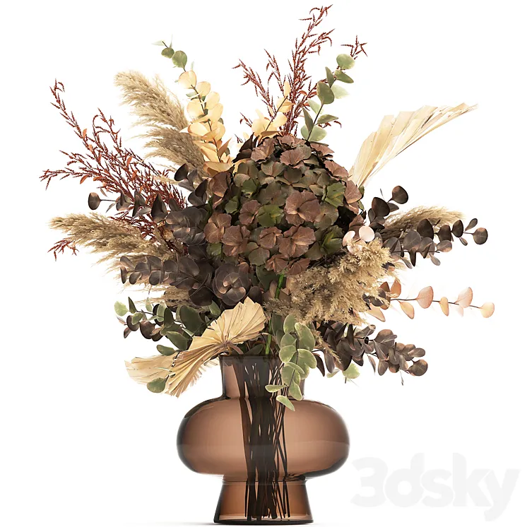 Bouquet of dried flowers in a glass vase with dry branches of palm leaves pampas and Hydrangea. 161. 3DS Max Model