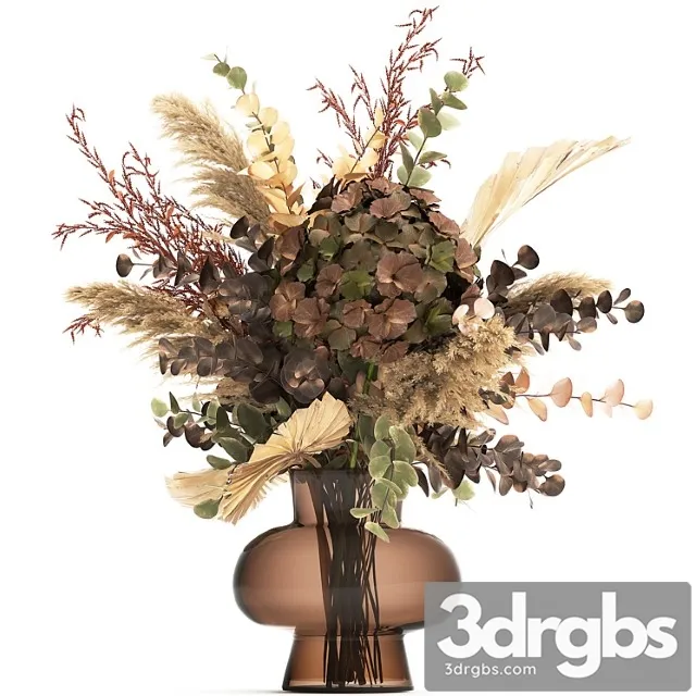 Bouquet of dried flowers in a glass vase with dry branches of palm leaves, pampas and hydrangea. 161.