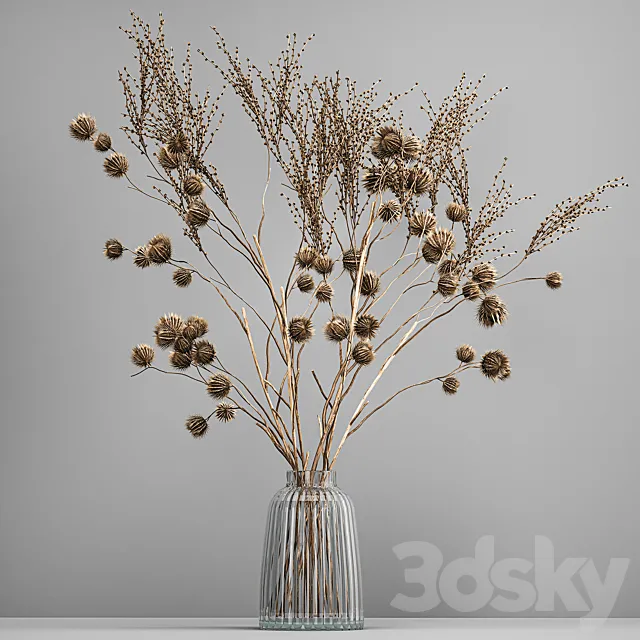 Bouquet of dried flowers in a glass vase with thorn branches and dry thistle. 183. 3ds Max