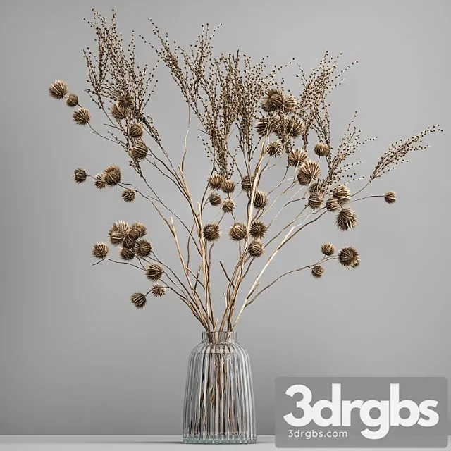 Bouquet of dried flowers in a glass vase with thorn branches and dry thistle. 183.