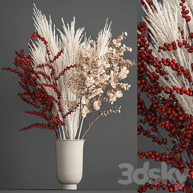 Bouquet of dried flowers in a vase with branches of red berries and white veinik. 199. 3ds Max