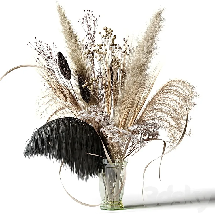 Bouquet of dried flowers with a black feather in a glass vase 3DS Max