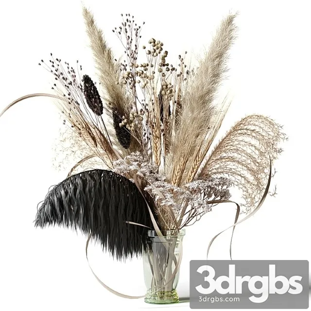 Bouquet of dried flowers with a black feather in a glass vase